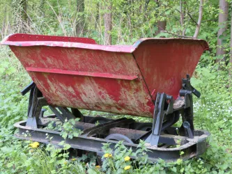 Eine alte rote Munitionslore steht im Grünen. Sie ist teilweise mit Erdreich und Pflanzen überwuchert.