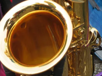 Ein glänzendes Saxophon mit einer reflektierenden Oberfläche. Es zeigt die Details des Mundstücks und der inneren Kammer.