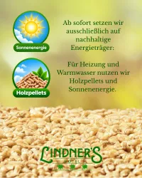 Ein Informationsbild zu nachhaltiger Energie. Es zeigt Sonne und Holzpellets als Energieträger für das Lindner's Hotel.