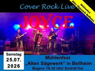Ein Live-Konzert der Band "JOYCE" mit farbigen Lichtern auf der Bühne. Das Event findet am 25.07.2026 im Alten Sägewerk in Bellheim statt.