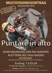 Ein Plakat für eine Multivisionsvortrag-Veranstaltung. Es zeigt eine Person mit einem Hund, die beim Klettern ist, und enthält Informationen über den Vortrag.