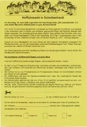 Ein Informationsblatt über den Hofflohmarkt in Scheibenhardt, der am 18. April 2026 stattfindet. Es enthält Details zur Teilnahme und den wichtigsten Regeln für Aussteller und Besucher.