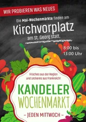 Ein bunter Markt mit frischen Lebensmitteln und regionalen Produkten findet jeden Mittwoch am Kirchvorplatz in Kandern statt. Die Öffnungszeiten sind von 8:00 bis 13:00 Uhr.