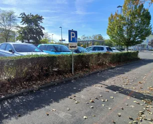 Ein Parkplatz mit mehreren Autos und einer Hecke. Im Hintergrund sind Bäume und ein blauer Himmel zu sehen.