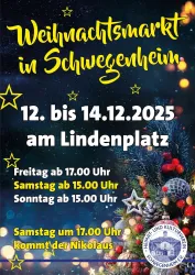 Ein weihnachtlicher Markt in Schwiegenheim findet vom 12. bis 14. Dezember 2025 am Lindenplatz statt. Es gibt festliche Dekorationen und Informationen zu den Öffnungszeiten.