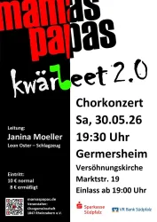 Ein Plakat für ein Chorkonzert mit Informationen zum Datum, zur Uhrzeit und dem Veranstaltungsort. Der Eintrittspreis ist angegeben, und es gibt Details zu den Künstlern und der Leitung.
