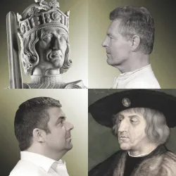 Das Bild zeigt vier Profilansichten von unterschiedlichen Personen und einer Statue. In der oberen linken Ecke ist eine Statue eines Monarchen, während die anderen drei Bilder realistische Porträts von Menschen sind.
