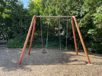 Eine Schaukel mit zwei Sitzen steht auf einem Spielplatz. Im Hintergrund sind Bäume zu sehen.