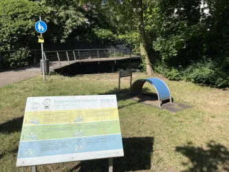 Ein ruhiger Park mit einer Brücke und Grünflächen. Ein Informationstafel erklärt die Umgebung.