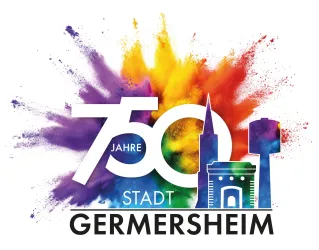 Ein farbenfrohes Logo zum 750-jährigen Jubiläum der Stadt Germersheim. Es zeigt den Stadtnamen in einem kreativen Design mit lebhaften Farben.
