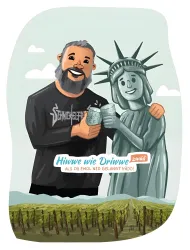 Eine humorvolle Illustration zeigt einen Mann mit Bart, der mit der Freiheitsstatue anstößt. Im Hintergrund sind grüne Weinberge zu sehen.