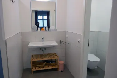 Ein modernes Badezimmer mit einem Waschbecken und großer Wandspiegel. Es gibt eine Toilettenecke und eine Holzablage für Utensilien.