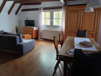 Ein heller und gemütlicher Raum mit einem Sofa, einem Esstisch und modernem Mobiliar. Große Fenster sorgen für viel Tageslicht.