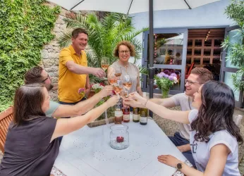 Eine fröhliche Gruppe von Freunden stößt mit Gläsern an. Im Hintergrund sind Pflanzen und Weinflaschen zu sehen, die eine einladende Atmosphäre schaffen.