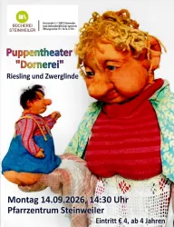 Ein Plakat für das Puppentheater "Dornerei" mit bunten Puppen. Es zeigt eine große Puppe und eine kleinere Puppe, die zusammen auf der Bühne stehen.