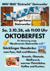 Ein Plakat für das Oktoberfest in Steinweiler mit Informationen über das Event. Es zeigt Bier, Brezeln und traditionelle Gerichte, sowie das Datum und Veranstaltungsdetails.