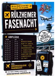Ein farbenfrohes Plakat für die Rülzheimer Fasenacht 2026. Es listet die Termine für verschiedene Veranstaltungen, darunter Prunksitzungen und eine Faschingsparty.