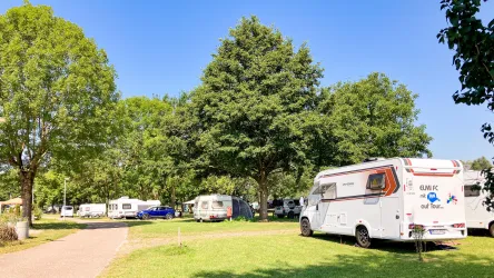 Ein Campingplatz mit Wohnmobilen und großen grünen Bäumen. Der Himmel ist blau und das Wetter ist sonnig.