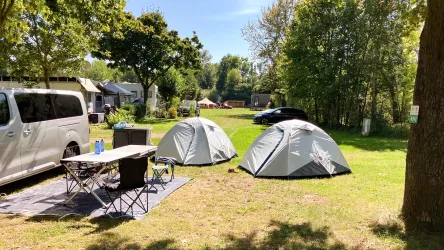 Zwei Zelte auf einem Campingplatz mit einem Wohnmobil im Hintergrund. Umgeben von Bäumen und einem klaren Himmel.