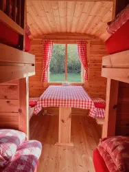 Ein gemütlicher Holzraum mit einem Tisch und bunten Kissen. Fenster mit karierten Vorhängen lassen Licht herein.
