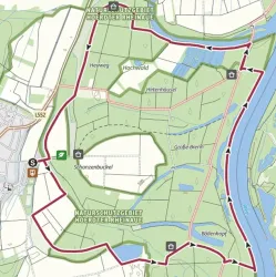 Eine Karte des Naturschutzgebiets Höhter Rheinau. Sie zeigt verschiedene Wege und Naturbereiche in der Umgebung.