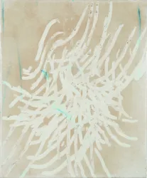 Ein abstraktes Kunstwerk mit weißen Linien auf einem beige Hintergrund. Die Linien wirken dynamisch und fließend.