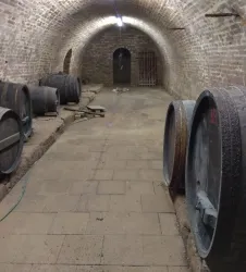 Ein Keller mit großen Fässern und einer steinernen Wand. Der Boden ist gepflastert und es gibt einen Eingang zu einem anderen Raum.