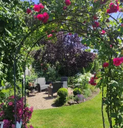 Garten mit Sitzgruppe und Rosenbogen