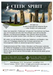 Ein Plakat für das Event „Celtic Spirit“ mit Informationen zu keltischer Musik. Es lädt zu einem Konzert ein, das von traditionellen Tänzen und Melodien geprägt ist.