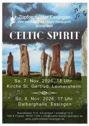 Ein Plakat für die Veranstaltung "Celtic Spirit" mit Informationen zu Datum, Uhrzeit und Ort. Es zeigt eine mystische Landschaft mit Steinen und musikalischen Noten.