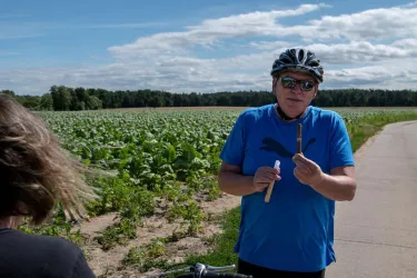 Ein Radfahrer steht an einem Feld und zeigt auf ein Gemüse. Im Hintergrund sind grüne Pflanzen und ein bewölkter Himmel zu sehen.