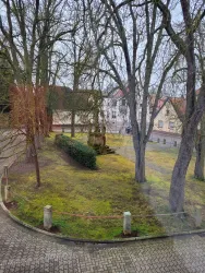 Ein ruhiger Platz direkt vor der Wohnung mit einigen Bäumen . Im Hintergrund sieht man ein paar Gebäude und eine Straße.