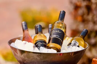 Eine stilvolle Kühlwanne mit mehreren Flaschen Wein, die auf Eis liegen. Die Flaschen sind in elegantem Design und verleihen dem Bild eine festliche Atmosphäre.