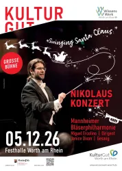 Ein Plakat für ein Nikolauskonzert in der Festhalle Wörth am Rhein. Es zeigt einen Dirigenten und Informationen zu den Künstlern sowie dem Datum der Veranstaltung.