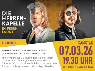 Ein Poster für eine Kabarett-Veranstaltung mit den Künstlern Reiner Möhringer und Uli Kofler. Das Event findet am 07.03.26 in der Tullahalle Maximiliansau statt und verspricht eine Mischung aus Humor und Musik.