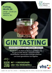 Ein Plakat für ein Gin Tasting Seminar mit einer Hand, die ein Getränk hält. Der Text informiert über das Event am 08.05.26, inklusive Details zur Veranstaltung und Anmeldung.