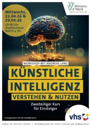Ein Plakat für einen Workshop über künstliche Intelligenz. Es zeigt ein stilisiertes Gehirn und enthält Informationen zu Terminen und Anmeldemöglichkeiten.