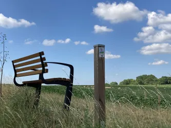 Eine ruhige Bank steht auf einer Wiese unter einem blauen Himmel mit weißen Wolken. Im Hintergrund sind Felder und Bäume zu sehen.