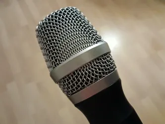 Ein nahes Bild eines Mikrofons mit einem silbernen Netz. Der Hintergrund ist aus Holz und unscharf.