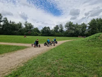 Kinder in Tret-Go-Karts auf einer Wiesen