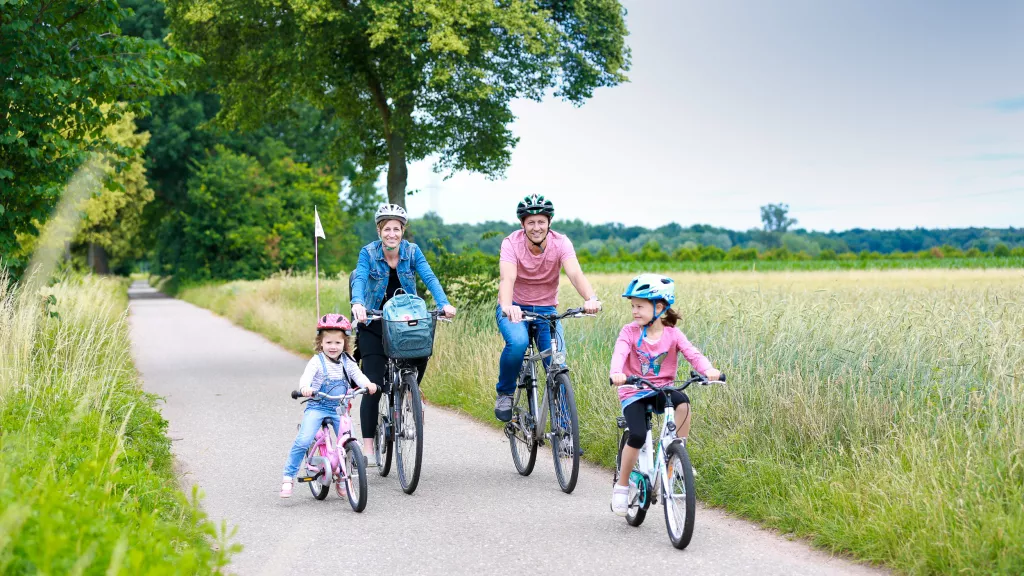 Familie radelt durch die Felder der Südpfalz.