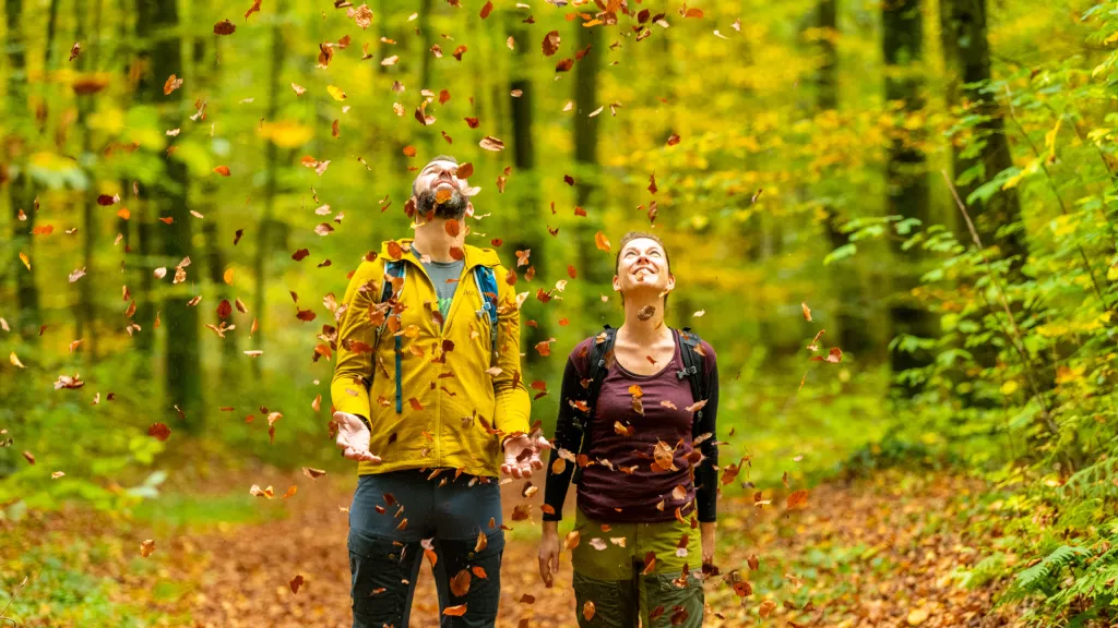 Wanderer im Blätterregen