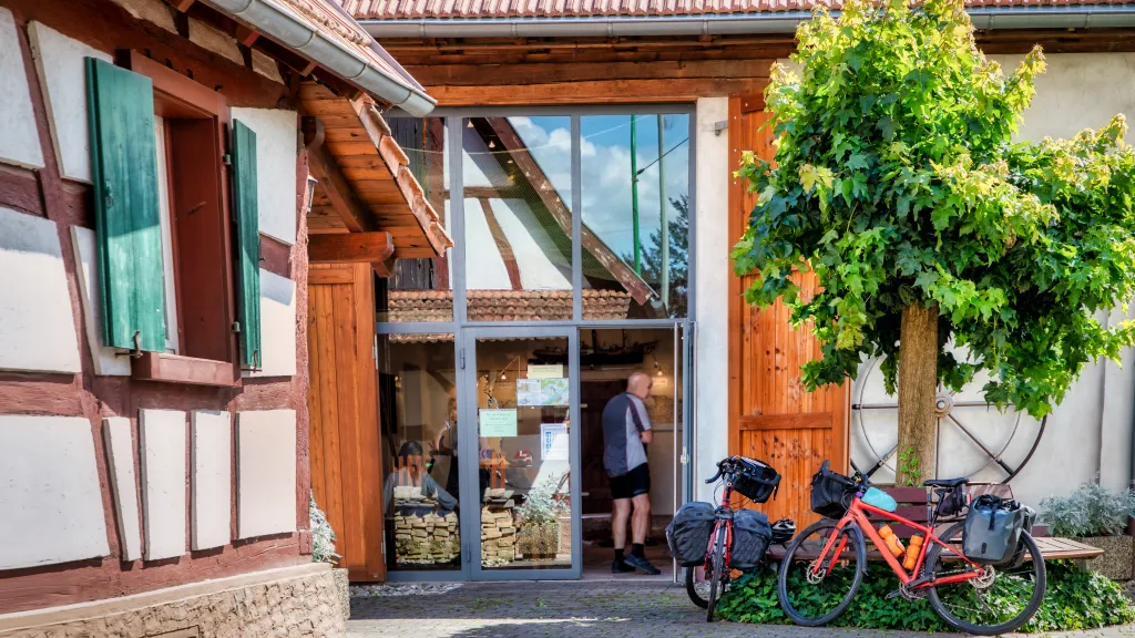 Hübsches Fachwerkhaus, dahinter eine sanierte Scheune mit großem gläsernen Eingang