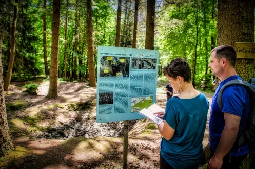 Wanderendes Ehepaar studiert eine Hinweistafel am Schaidter Westwallwanderweg