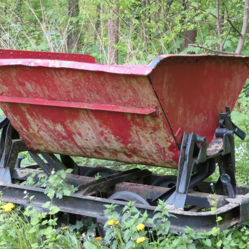 Ein roter Waggon steht im Grünen, umgeben von Gras und kleinen Blumen. Der Waggon zeigt Abnutzungserscheinungen und ist aus Metall gefertigt.