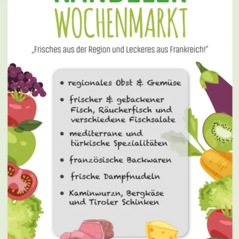 Ein bunter Wochenmarkt mit frischem Obst, Gemüse und verschiedenen Spezialitäten. Die Anzeige lädt ein, regionale und französische Leckereien zu probieren.