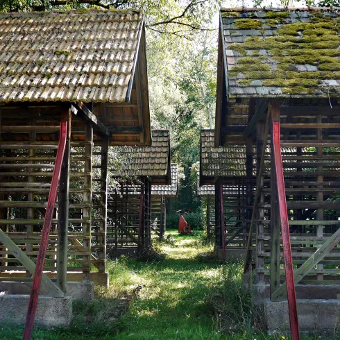 Zwei Holzstrukturen mit schrägen Dächern stehen in einer grünen Wiese. Im Hintergrund ist ein schmaler Weg sichtbar, der durch die Strukturen führt.