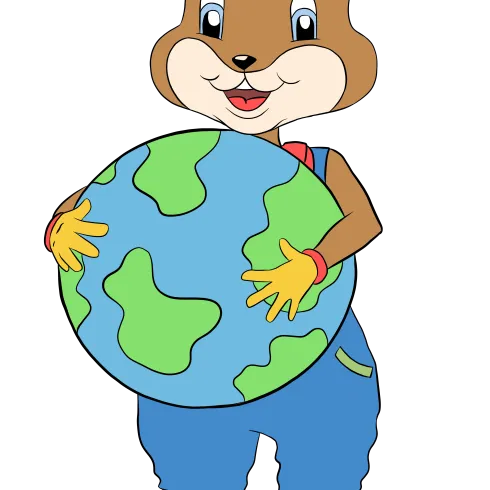 Ein cartoonhaftes Tier mit braunem Fell hält die Erde in seinen Händen. Es trägt eine bunte Hose und große Schuhe.