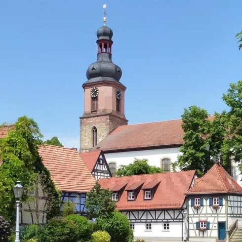 Eine malerische Stadtansicht mit historischen Fachwerkhäusern und einem Glockenturm. Im Hintergrund sind üppige Bäume und blauer Himmel zu sehen.