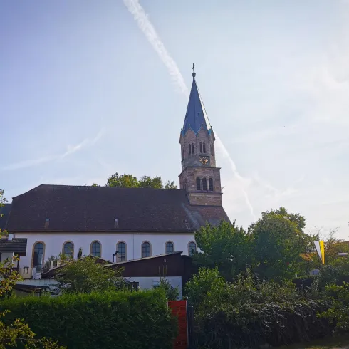 Eine Kirche mit einem hohen Turm vor einem klaren Himmel. Umgeben von Bäumen und Grünflächen.